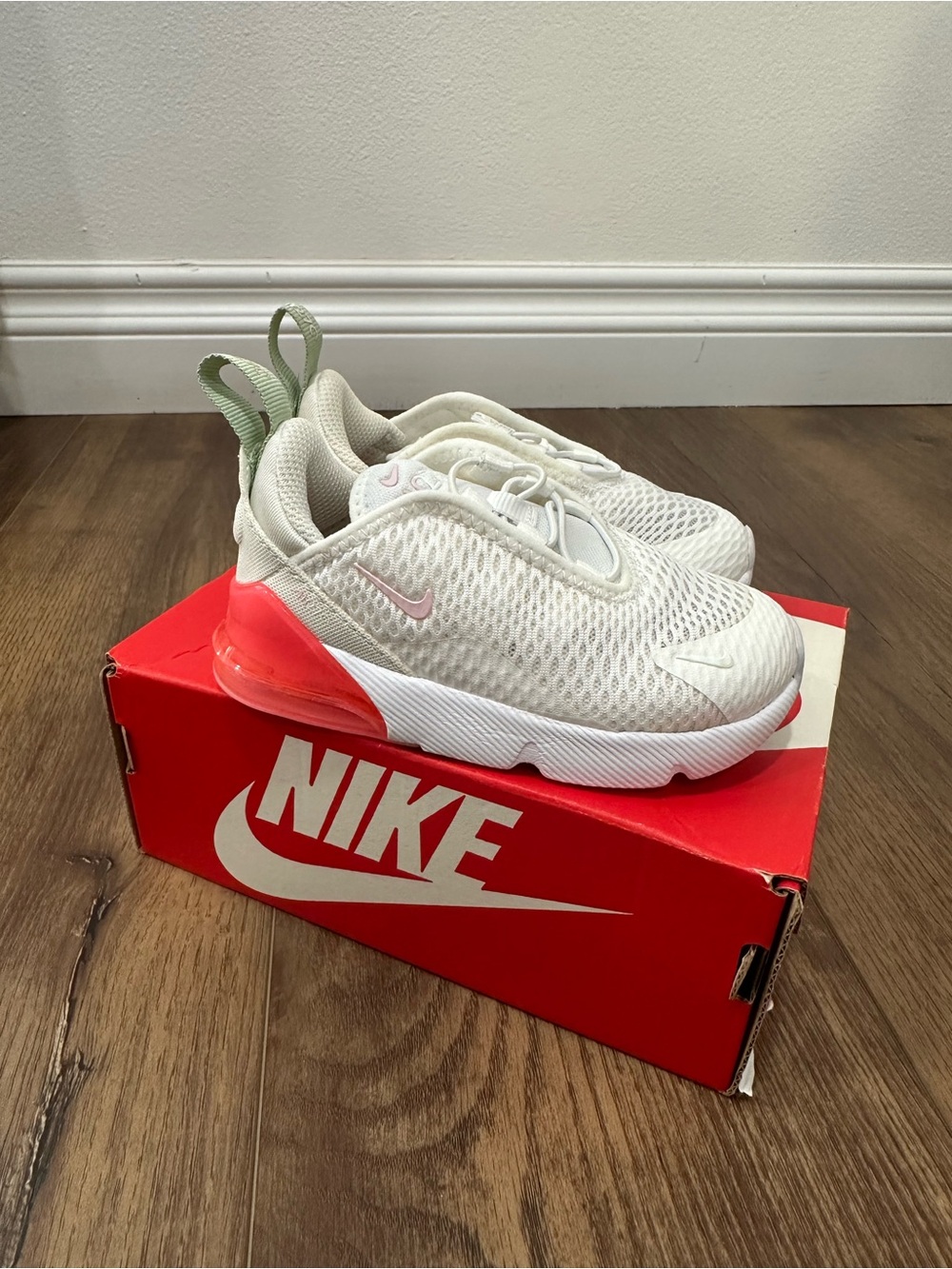 Nike Kids White Sneakers with Pink & Green Pull Tabs